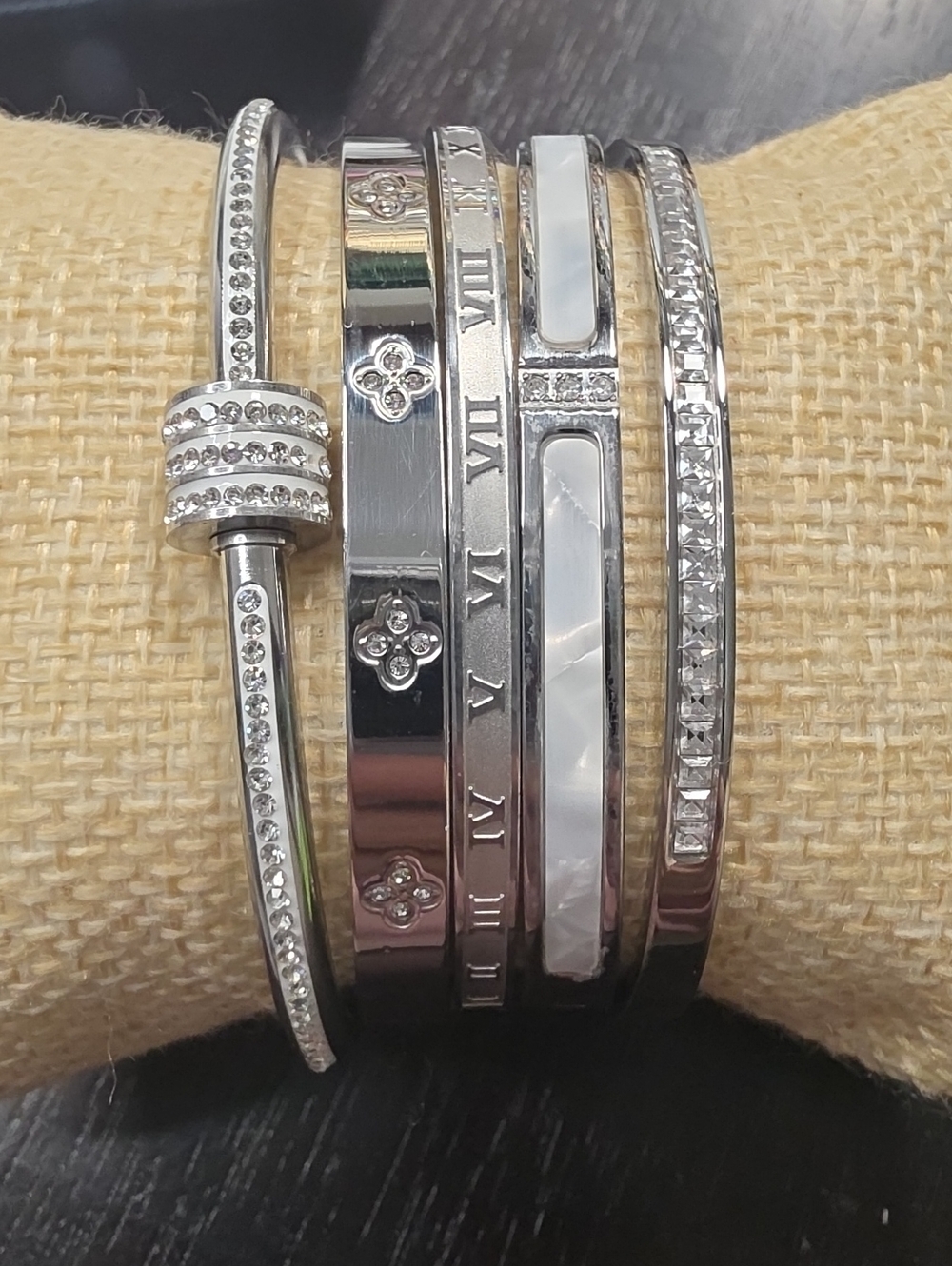 Silver Tone Stackable Women's Bangle Bracelet Set - White Accents